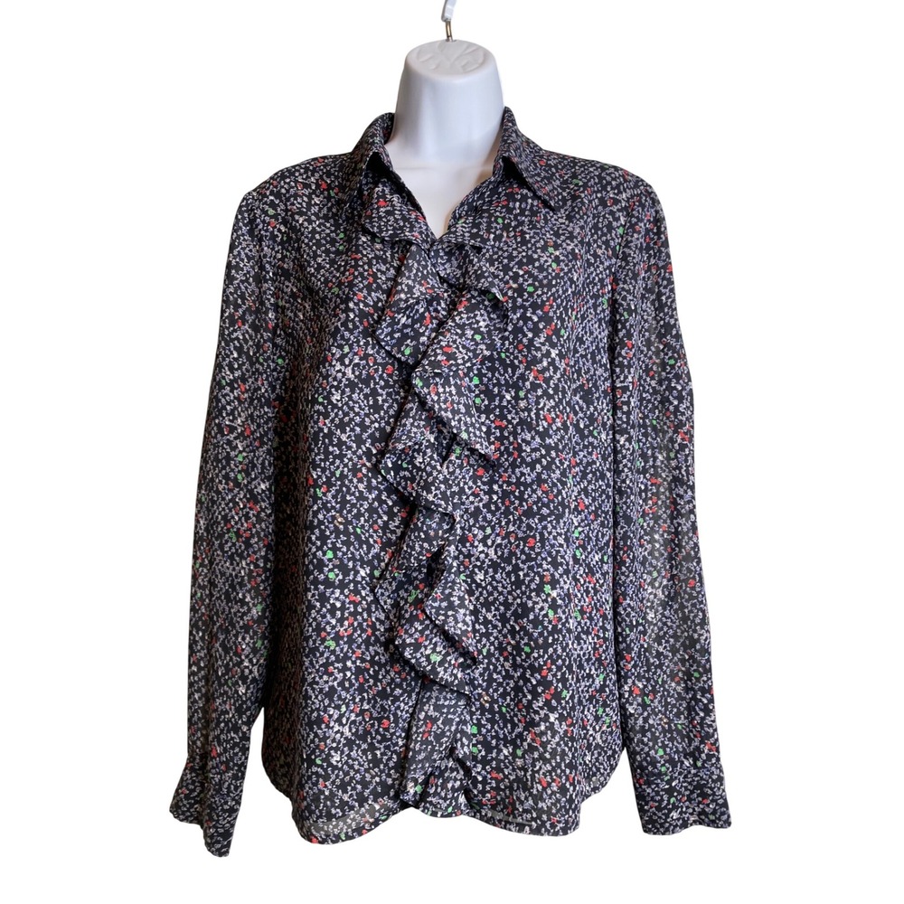 Vintage Evan Picone Womens Black Floral Blouse Size 8 Ruffled Mad Men Secretary